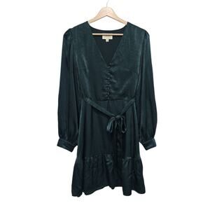 If By Sea Women's Green Button Down Mini‎ Dress Size Small Satin Belted Puff
